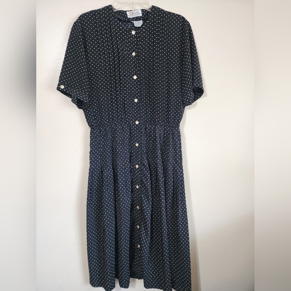 Talbots Navy and White Polka Dot Midi Button-Front Dress